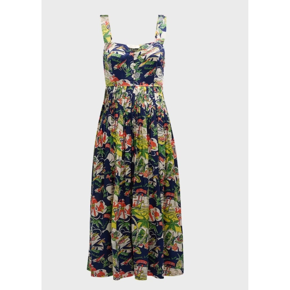 THE GREAT. Day Break Dress Surf Jack Print Midi Dress Navy Blue Multi Size 0